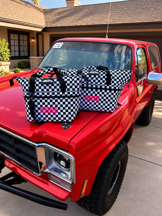 DESERT GIRL x AO COOLERS B&W CHECKERED CAN COOLER BAG - USA + WOMEN MADE