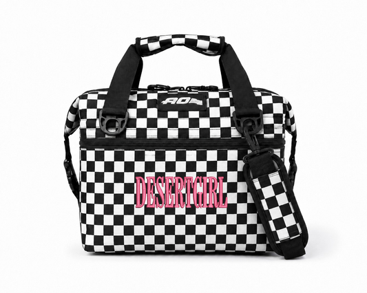 PREORDER DESERT GIRL x AO COOLERS B&W CHECKERED CAN COOLER BAG - USA + WOMEN MADE
